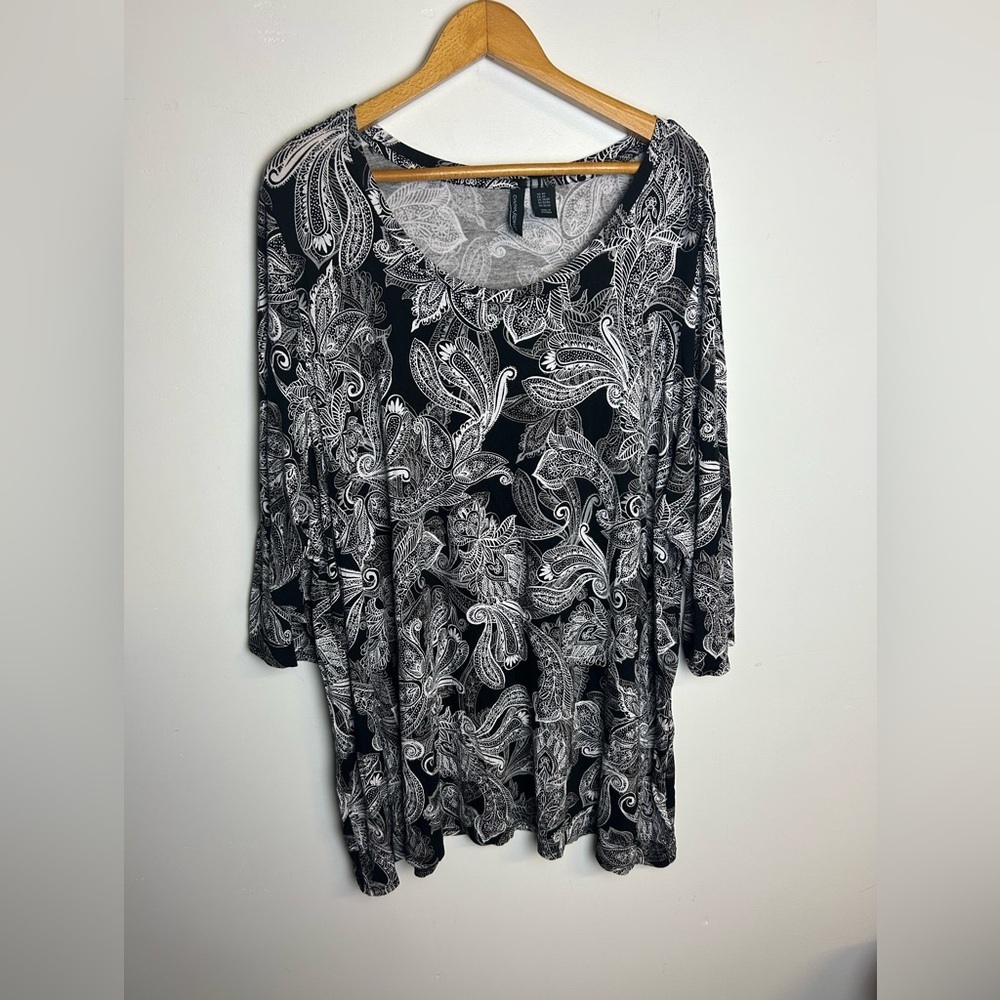 Cynthia Rowley Plus Size 3X Top Blouse 3/4  Sleeve Paisley Novelty Print Stretch